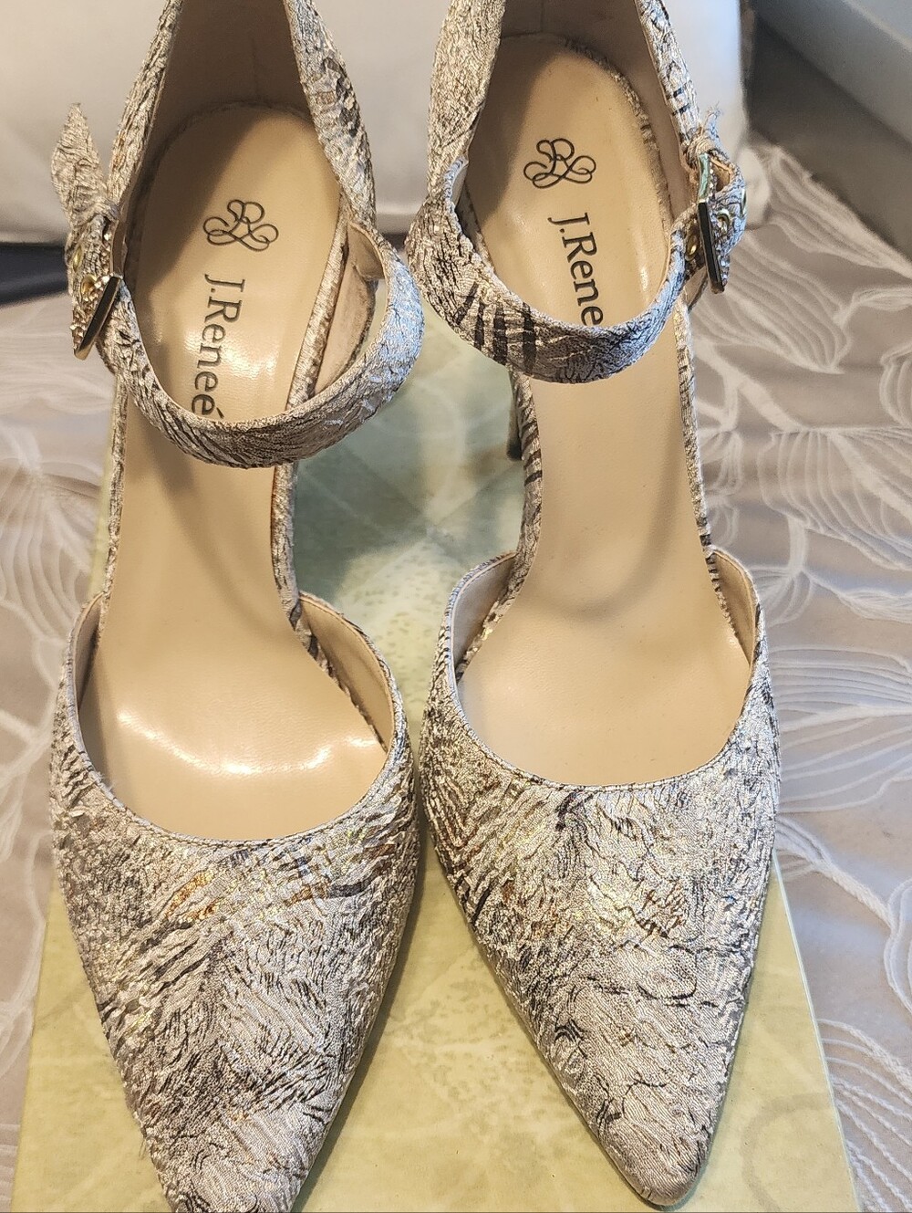 J.Renee Metallic Textured Pointed Ankle-Strap Pumps in Ivory and Gold